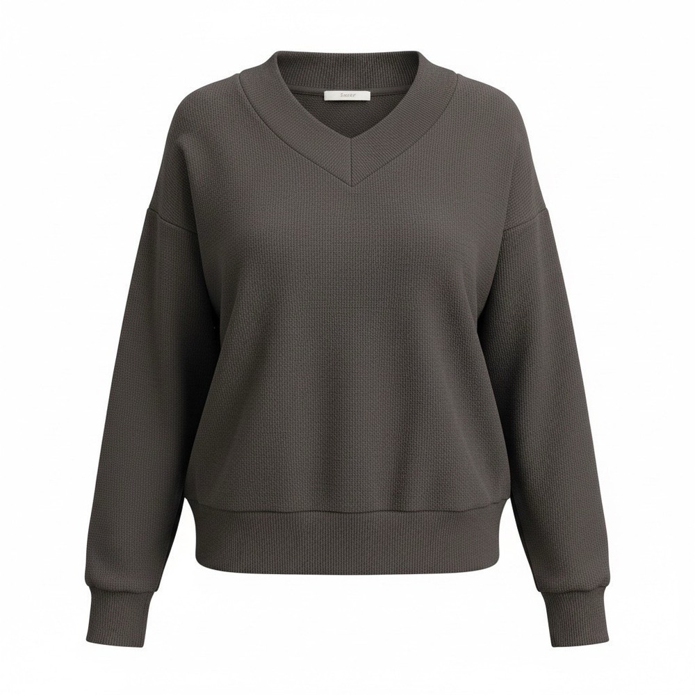 Felina Womens Ribbed V Neck Sweater Long Sleeve Pullover Knit Top Brown Lounge